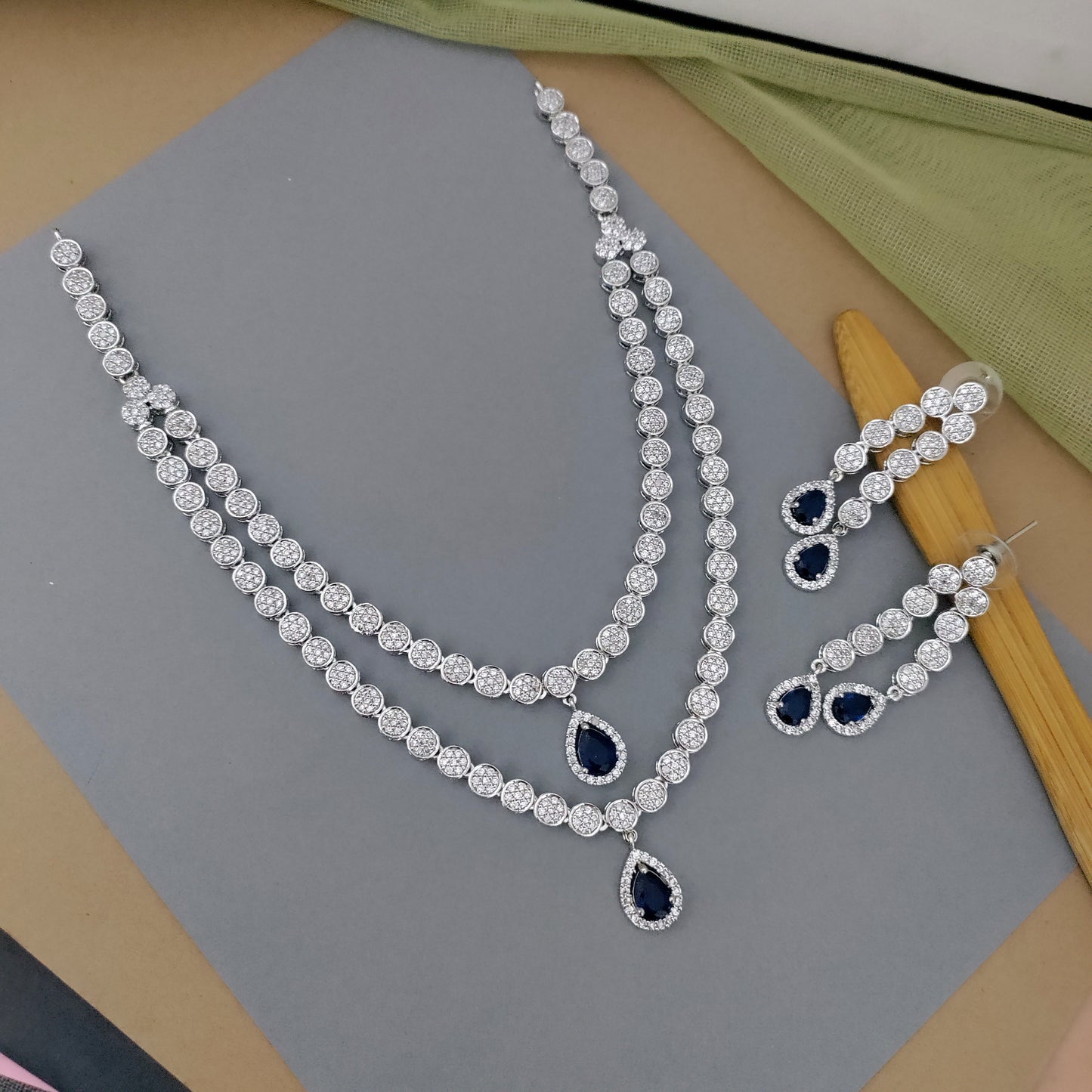 Double layered white stone medium length CZ stone necklace