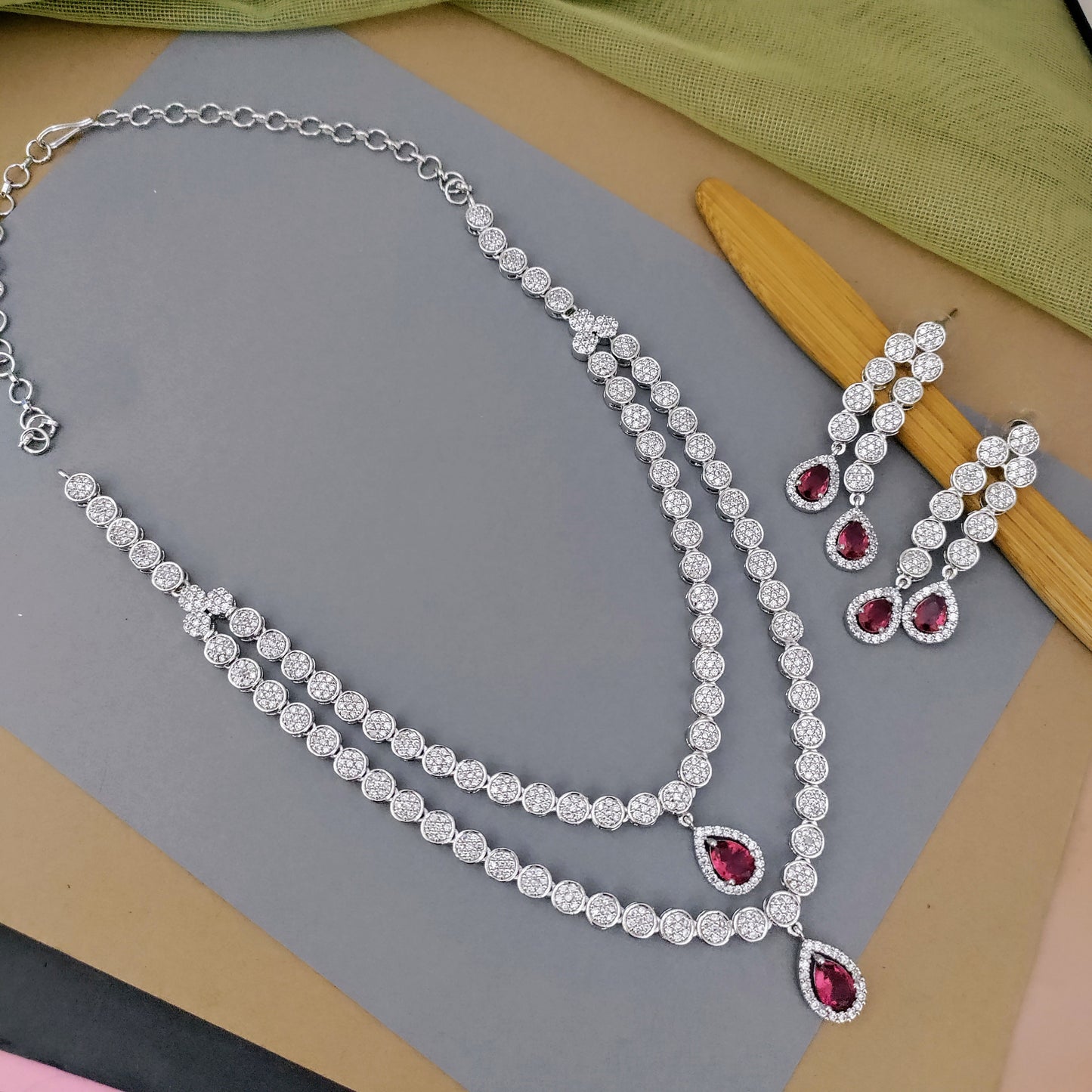 Double layered white stone medium length CZ stone necklace - Ruby