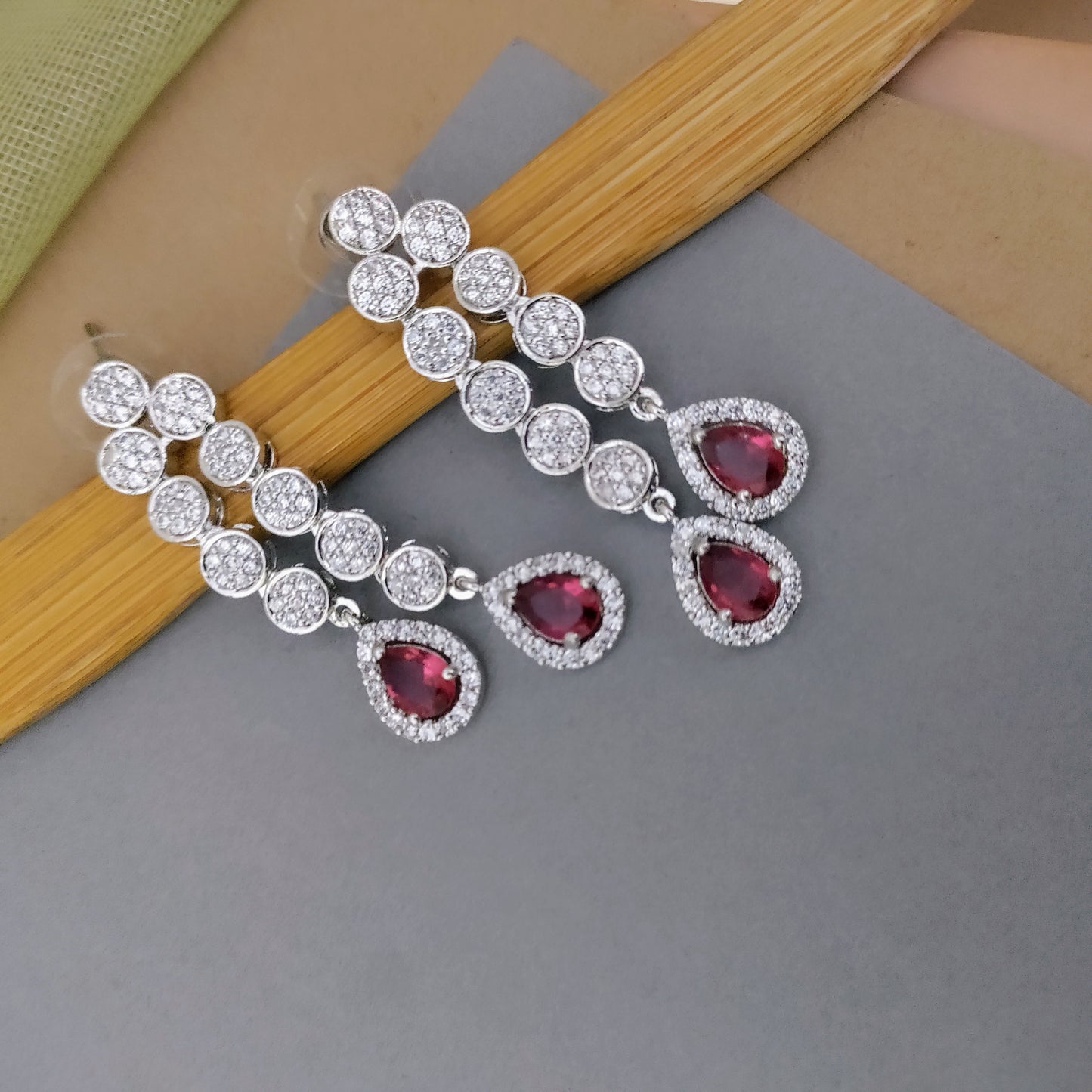 Double layered white stone medium length CZ stone necklace - Ruby