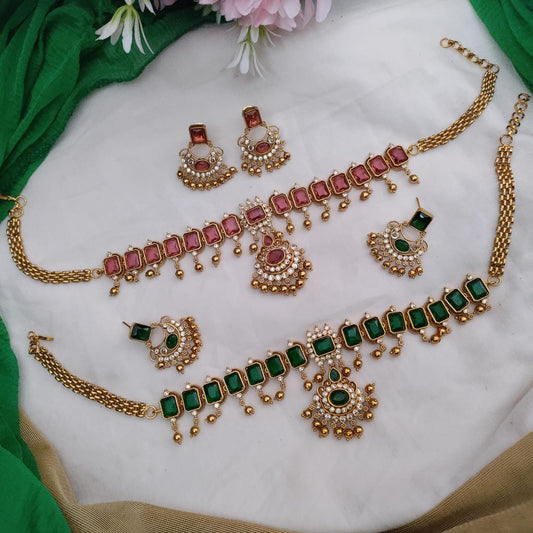 Golden stone choker necklace set