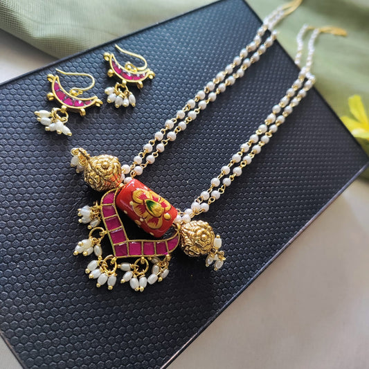 Jadau coral with nakshi ball long pearl set