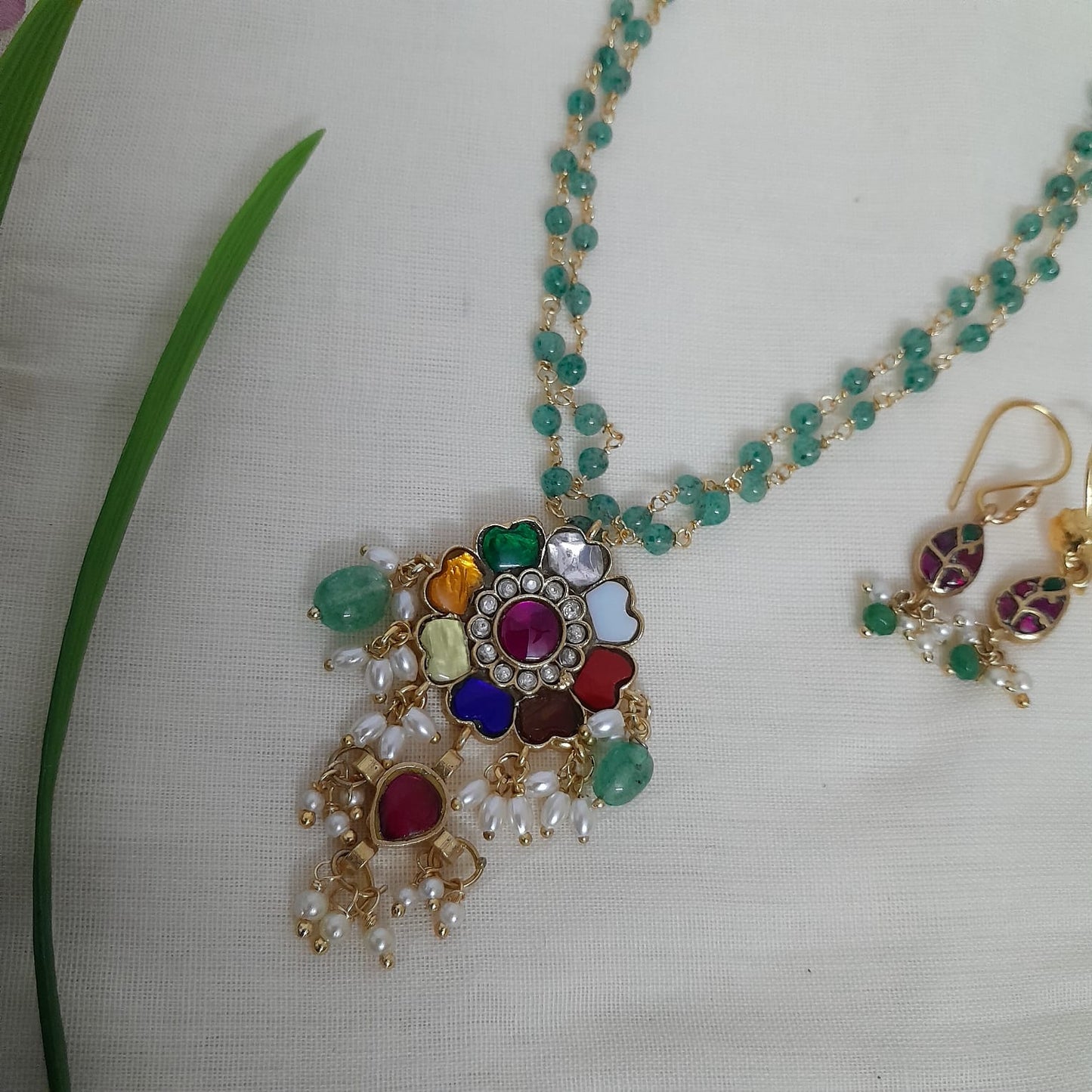 Jadau Kundan Navratna pendant long chain set