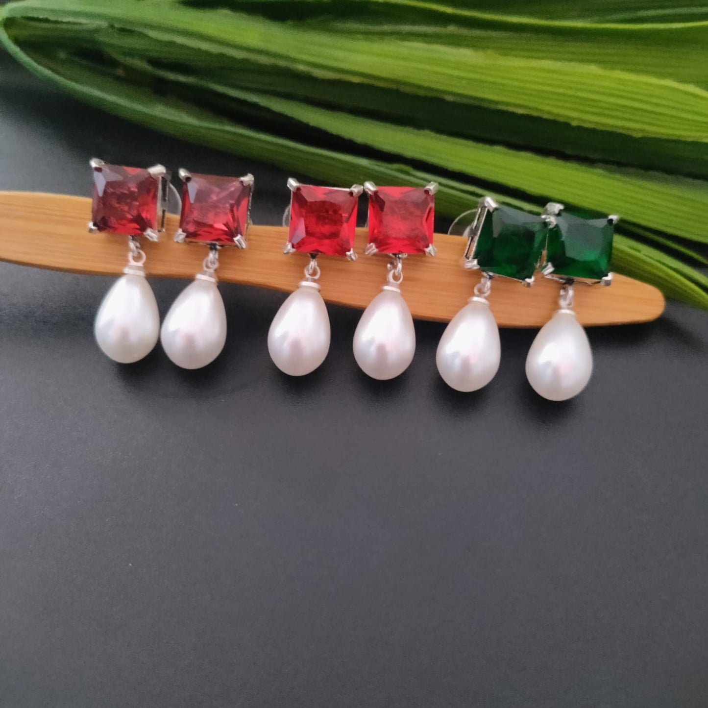 Diamond stone pearl drop earring