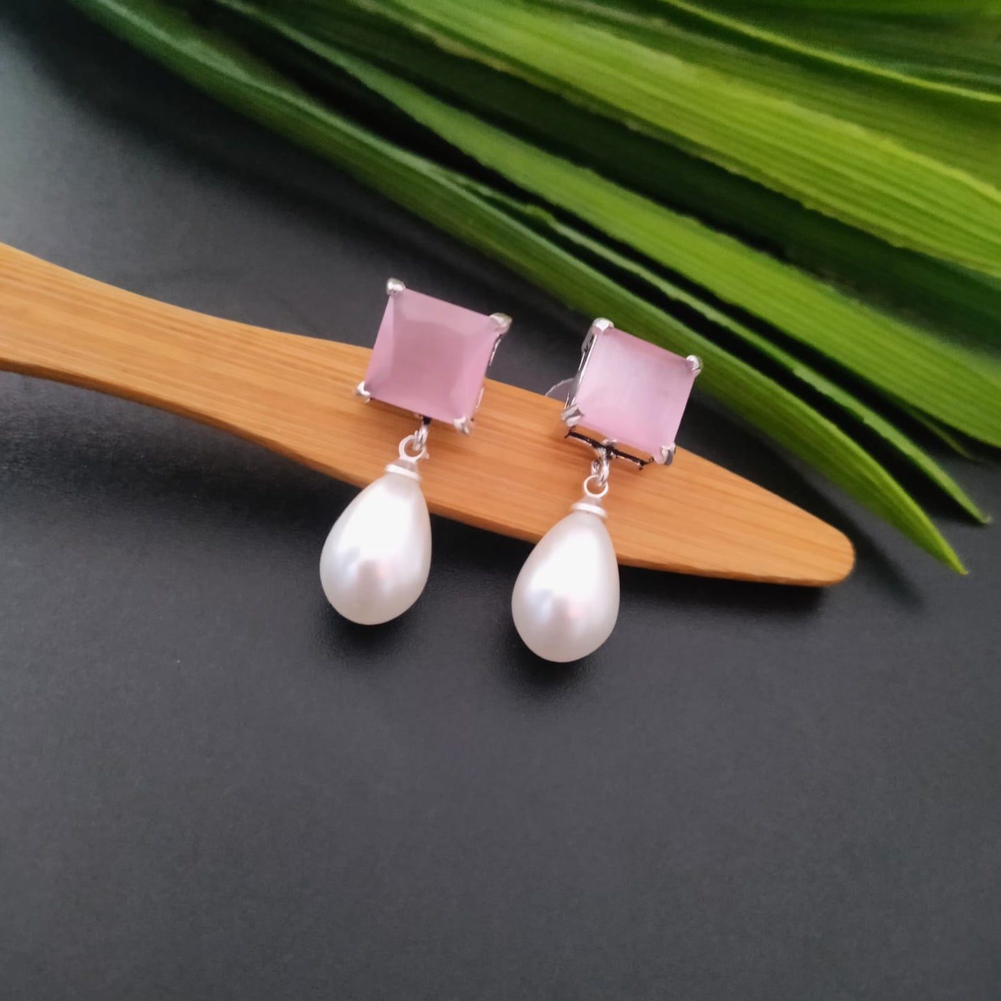 Diamond stone pearl drop earring