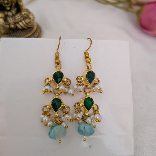 Green stone drop jadau hook earring