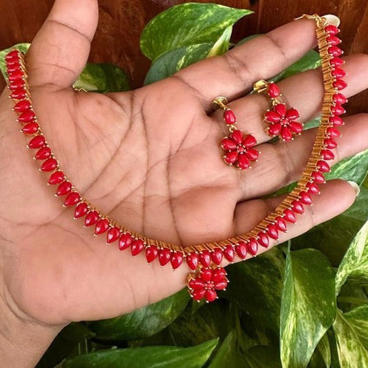 Adigai Type - Microplated stone coral red necklace sets