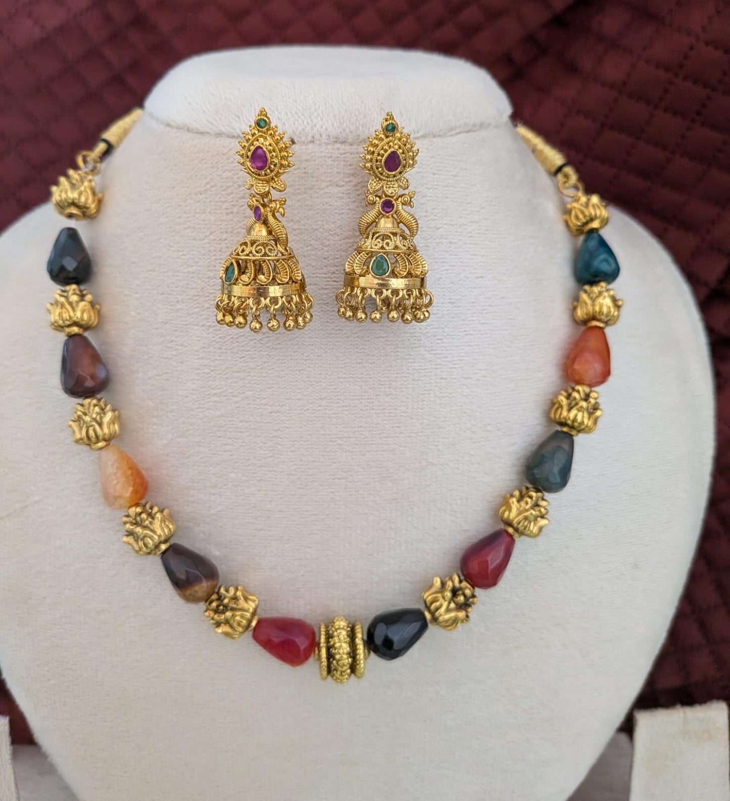 Antique Lotus Multicolor Beaded Necklace With Jhumka