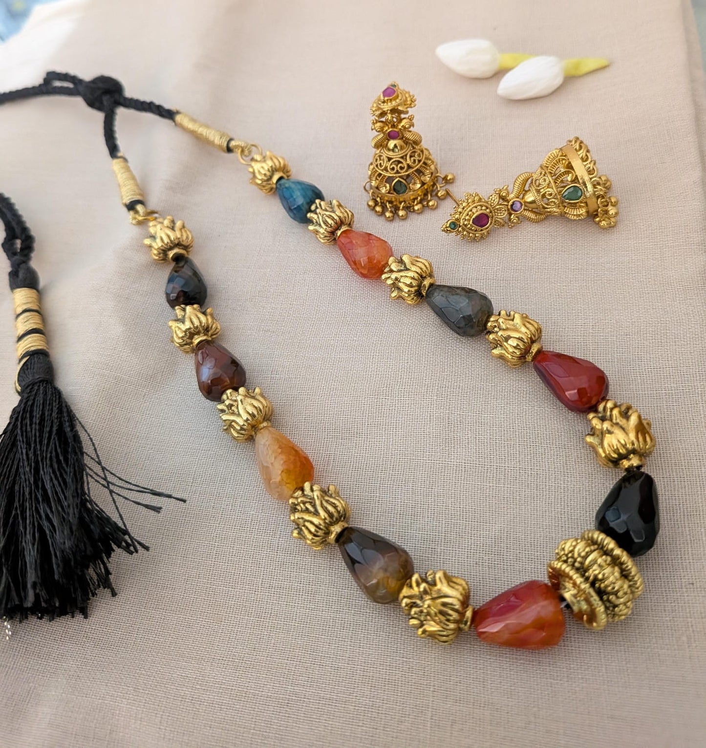 Antique Lotus Multicolor Beaded Necklace With Jhumka