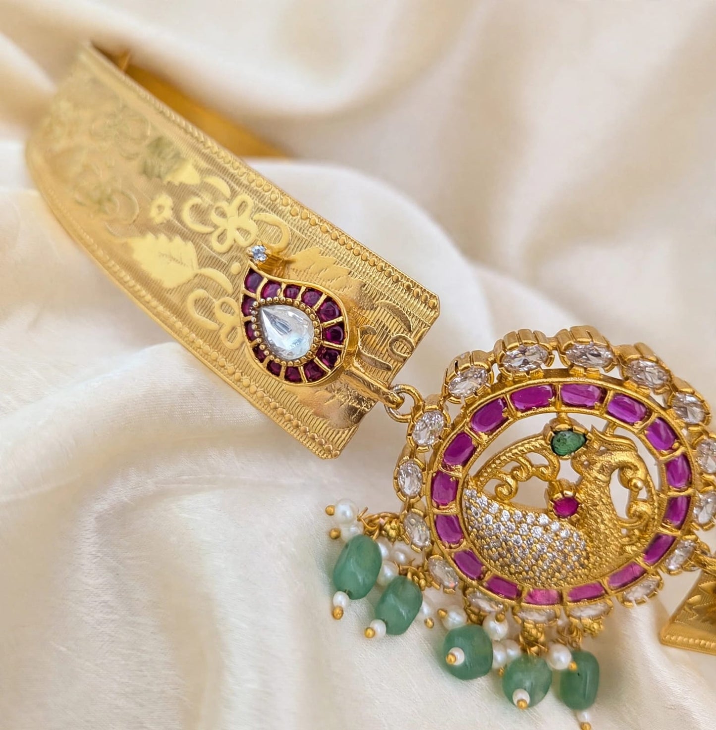 Peacock Ruby Emerald Pearl Bridal Hip Belt