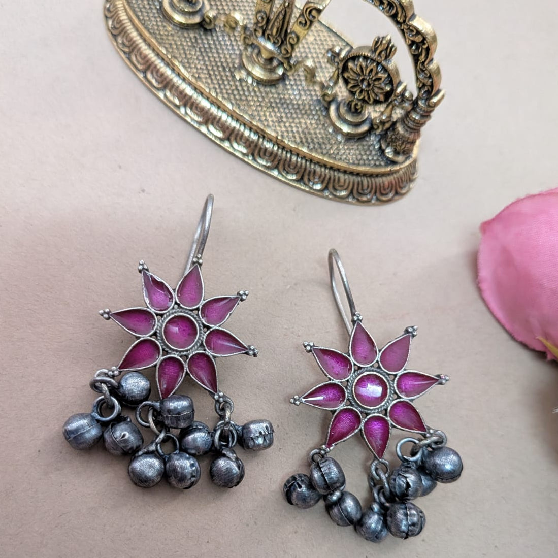 Silver Sunflower Ghungroo Hook Earing