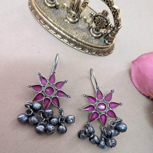 Silver Sunflower Ghungroo Hook Earing