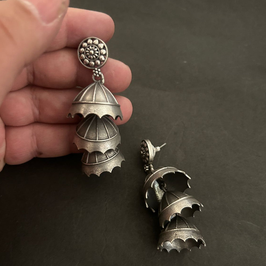 Silver Triple Layer Dome Jhumka