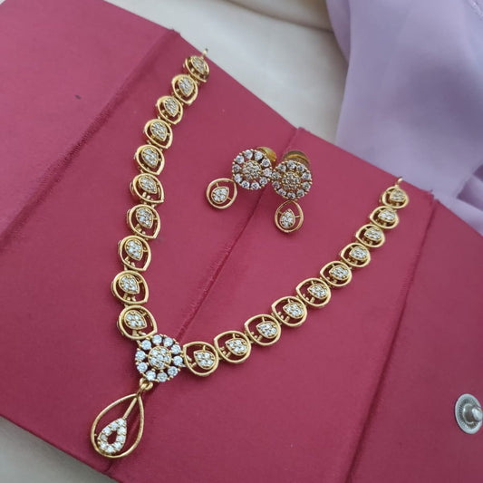 Simple daily wear cz stone studded necklace set - drop shape