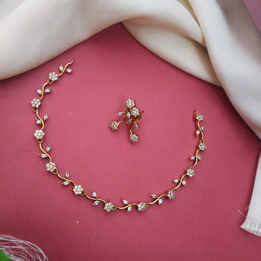Simple floral design diamond look alike cz stone necklace
