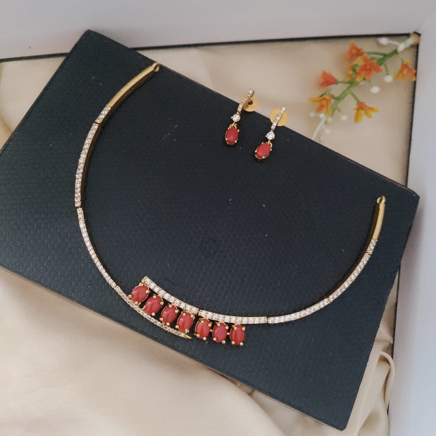Sleek Coral with white necklace set