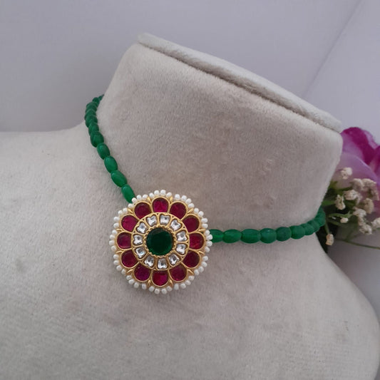 Jadau kundan necklace with green bead