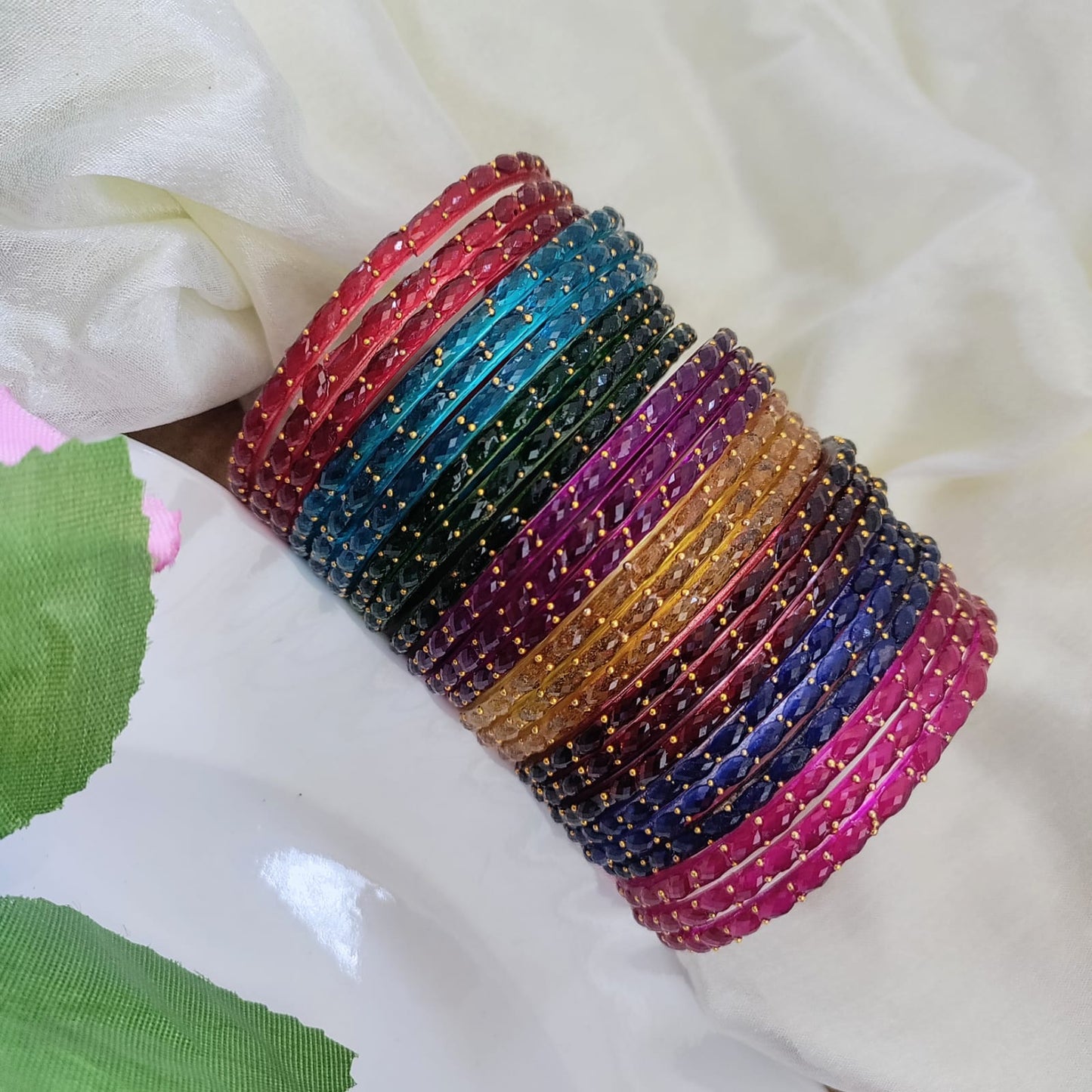Valaikappu Raindrop Glass Bangles - Crystal cut