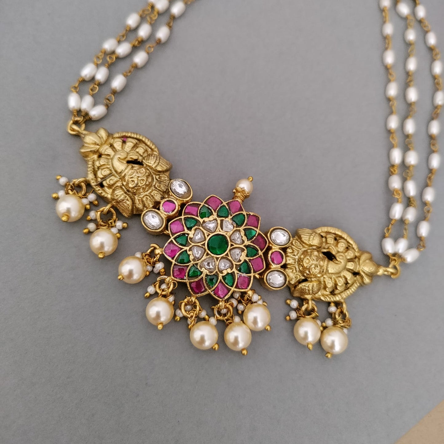 Nakshi work peacock with jadau kundan choker