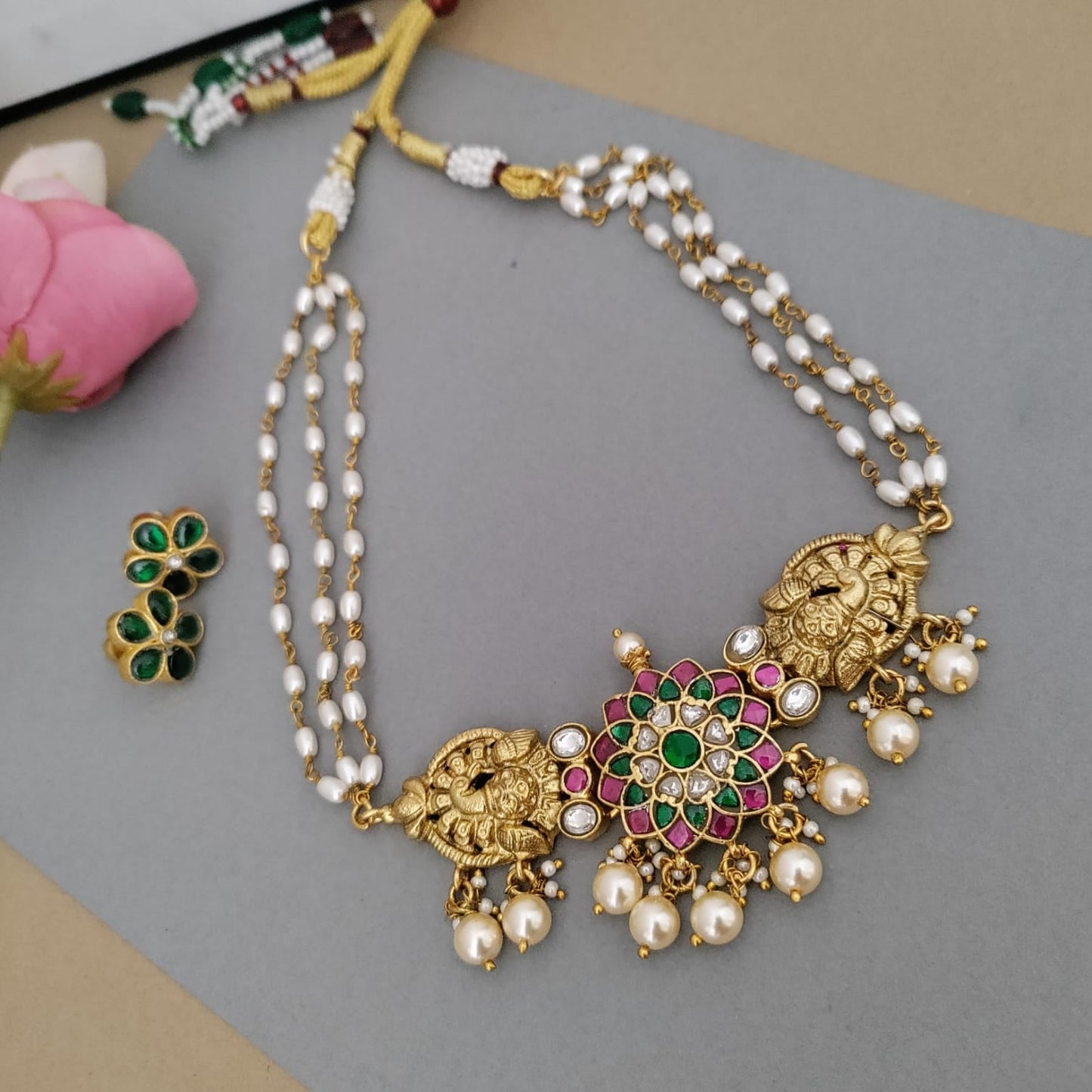 Nakshi work peacock with jadau kundan choker