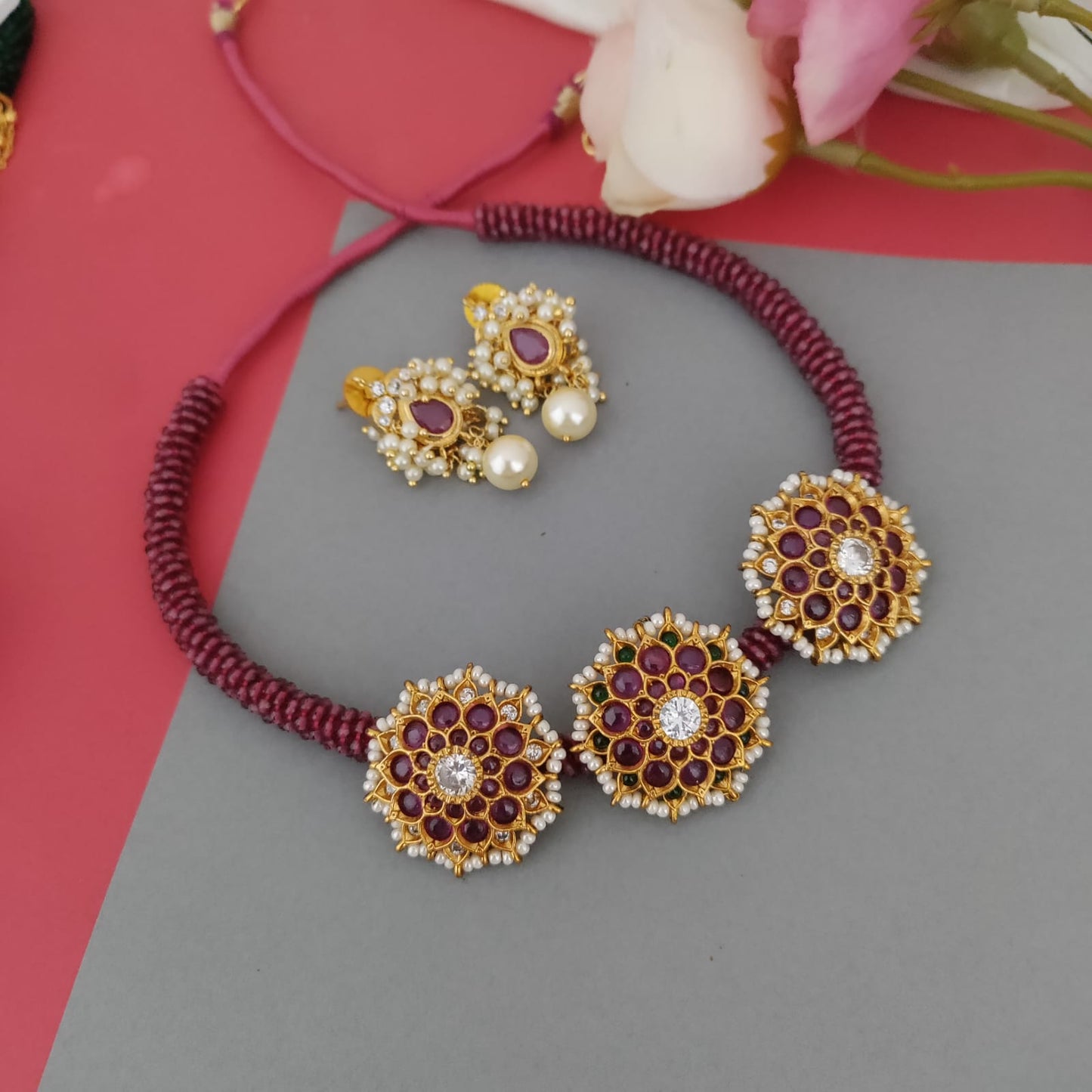 Kemp stone small ruby pendant beaded chain set