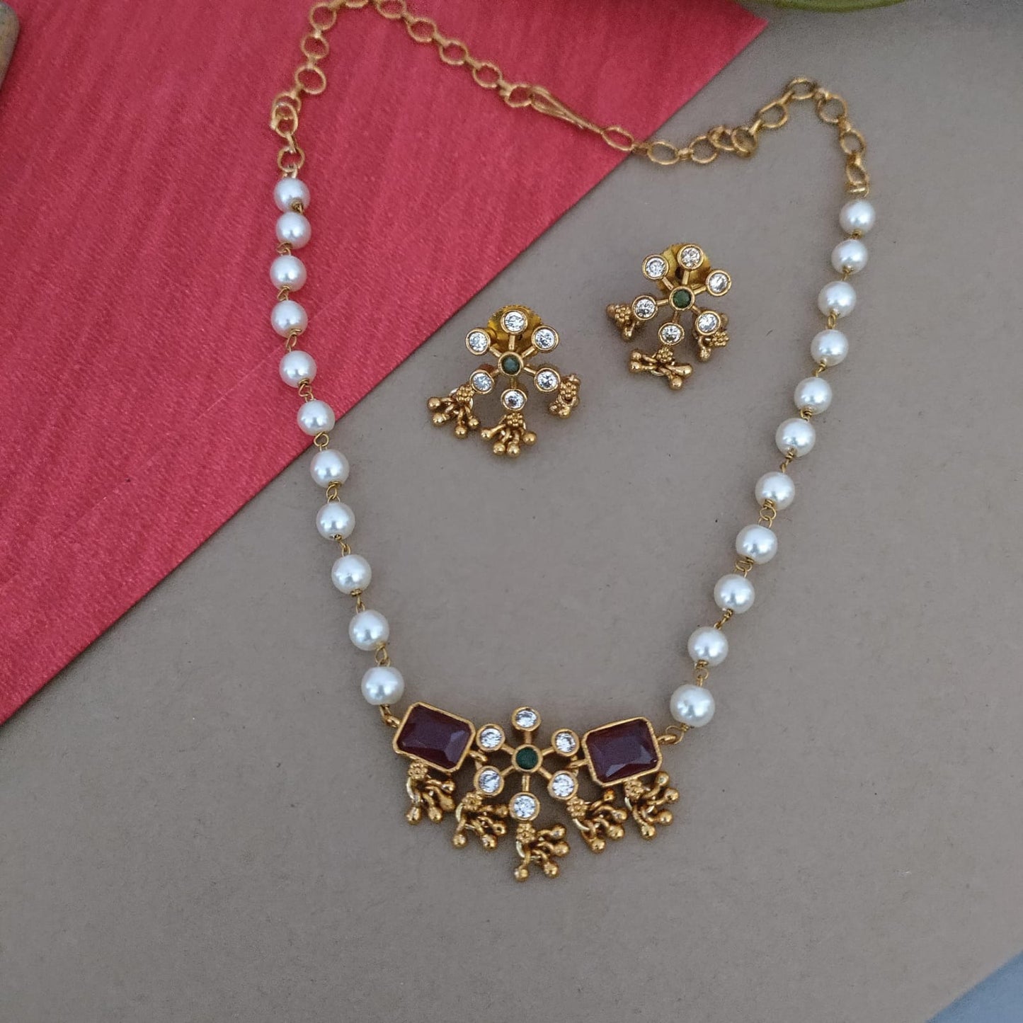 Ruby stone pearl chocker set