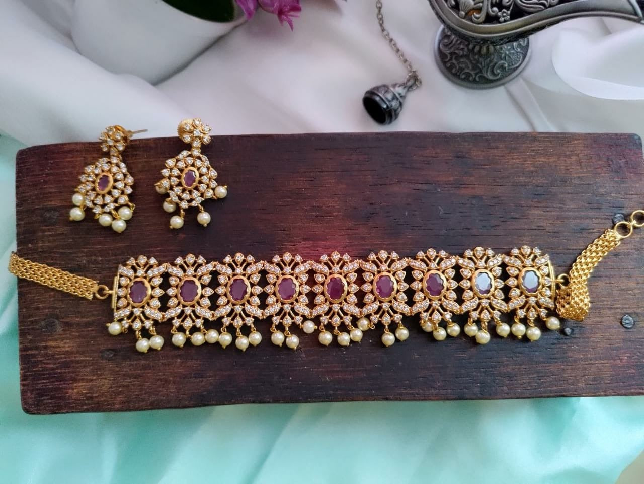 Bridal ruby stone pearl chocker set