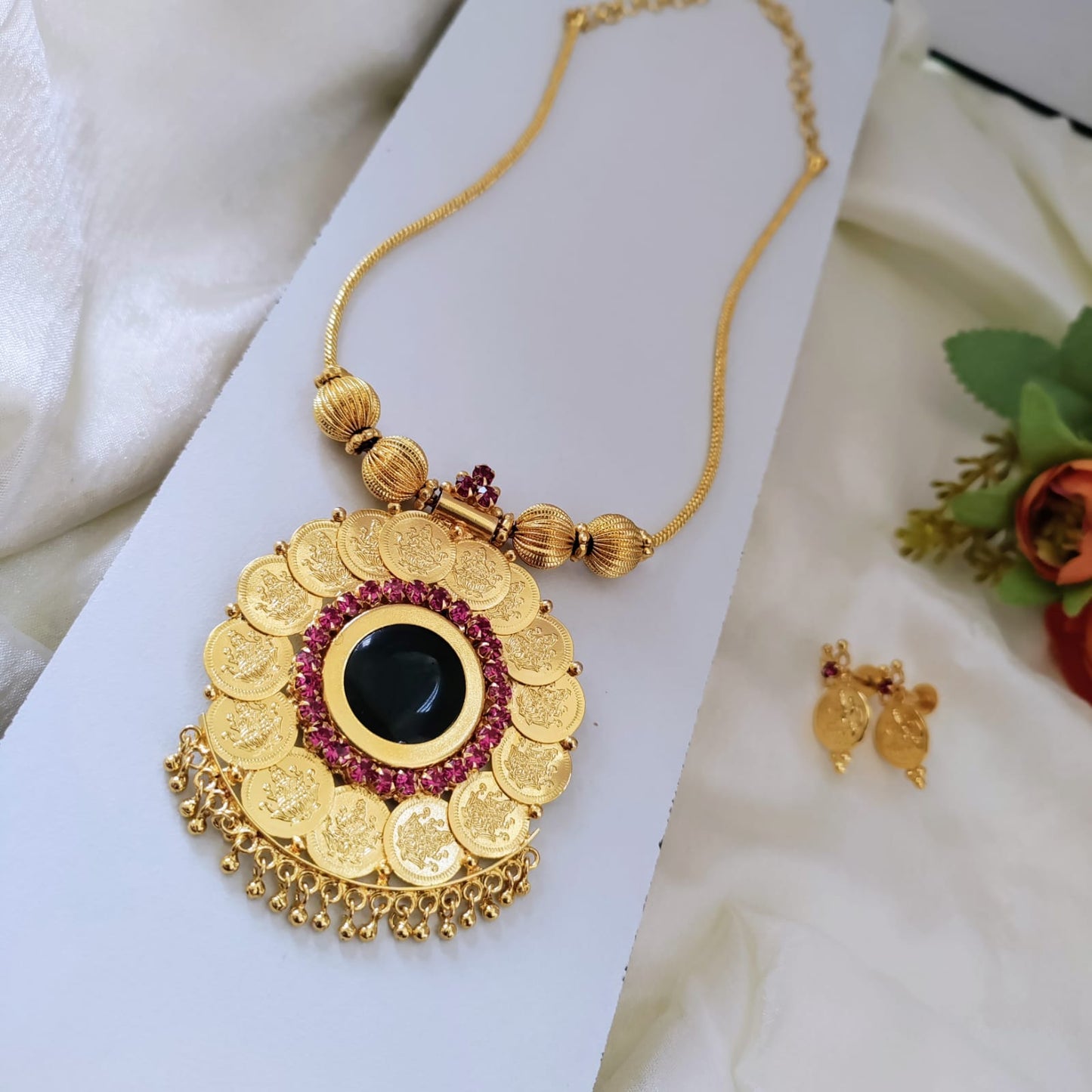 Flower round lakshmi coin necklace