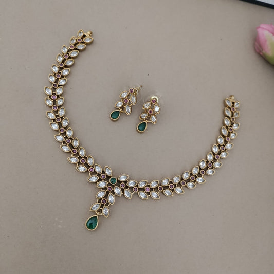 Polki stone leaf necklace set