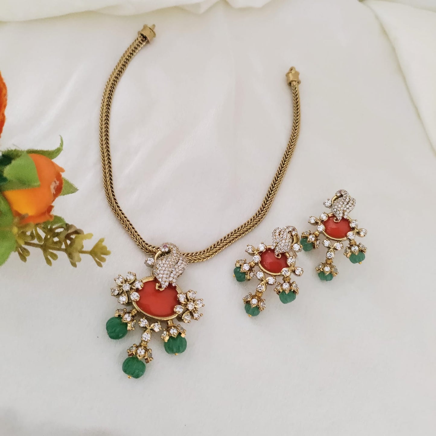 Coral stone studded necklace set