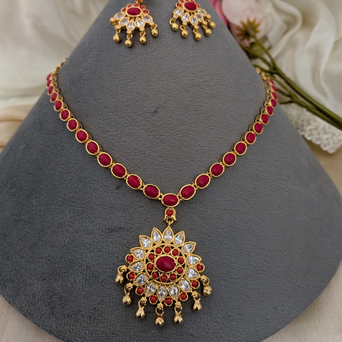 Adigai Type - Coral red Microplated  necklace sets