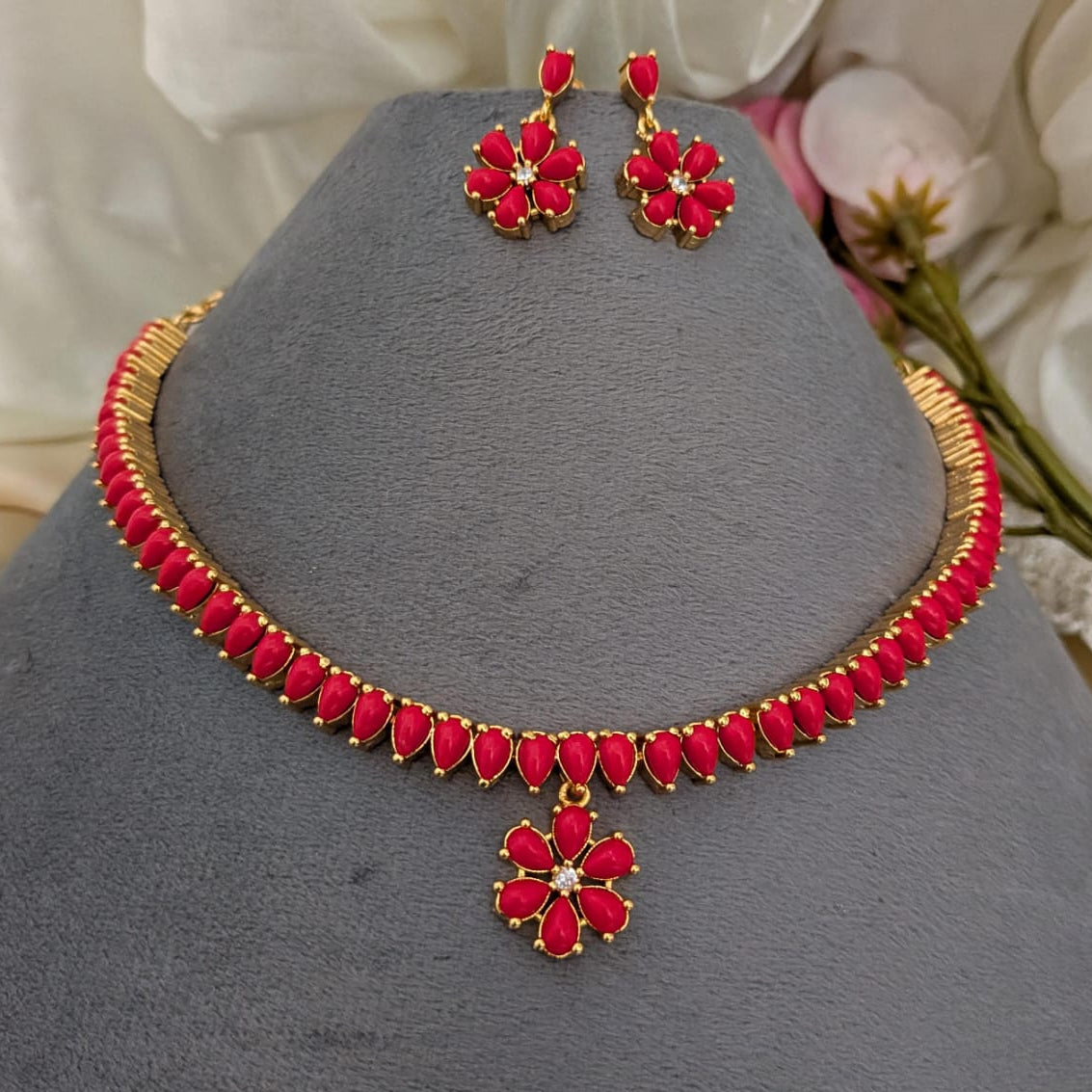 Adigai Type - Microplated stone coral red necklace sets