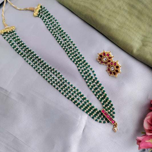 Green bead 5 line jadau stone chain set