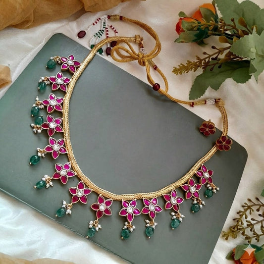 Gold Finish Floral Jadau Kundan Stones Necklace