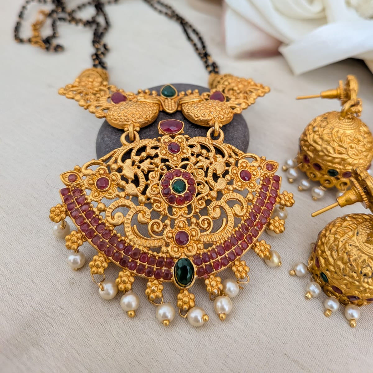 Peacock Kemp stone long  mangalsutra