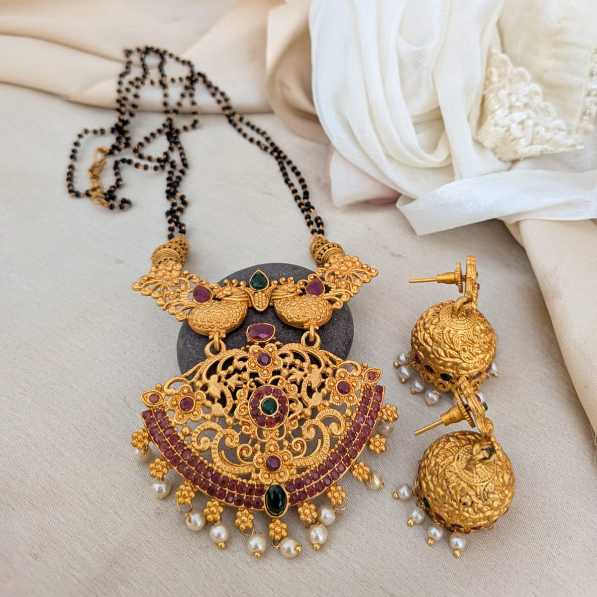 Peacock Kemp stone long  mangalsutra