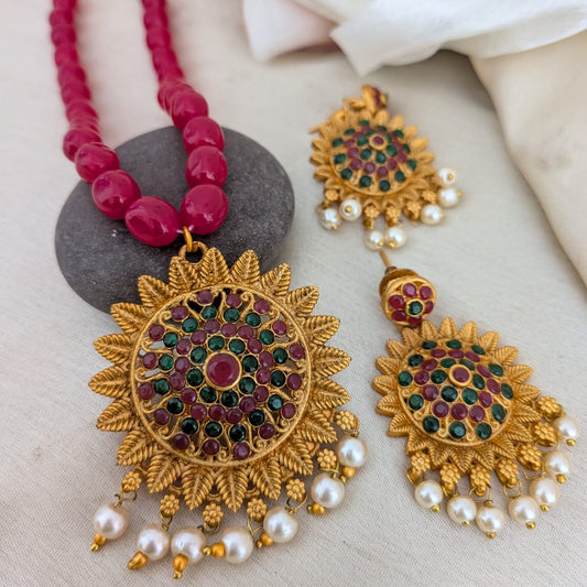 Flower with ruby bead long Necklace