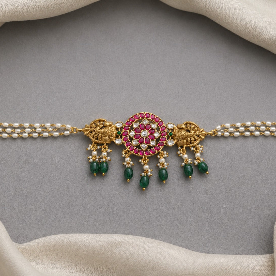 Jadau kundan ruby stone with green drop choker