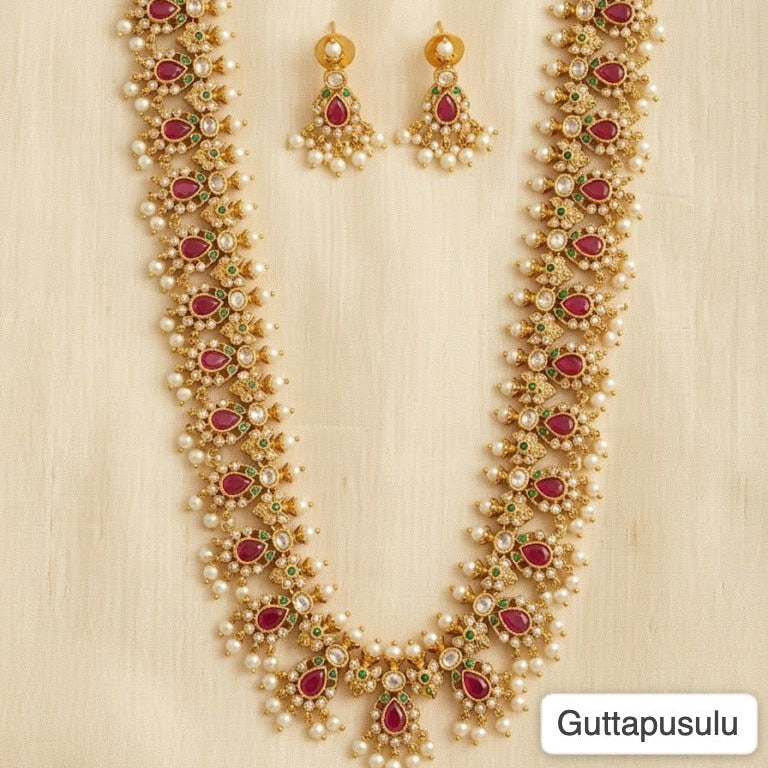 Guttapusulu ruby stone pearl drop long Necklace