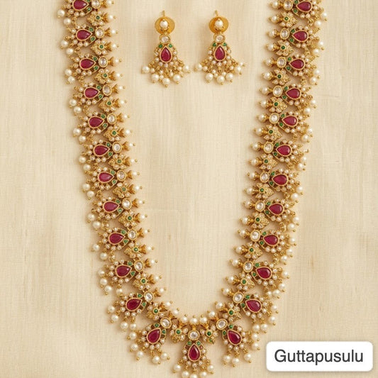 Guttapusulu ruby stone pearl drop long Necklace