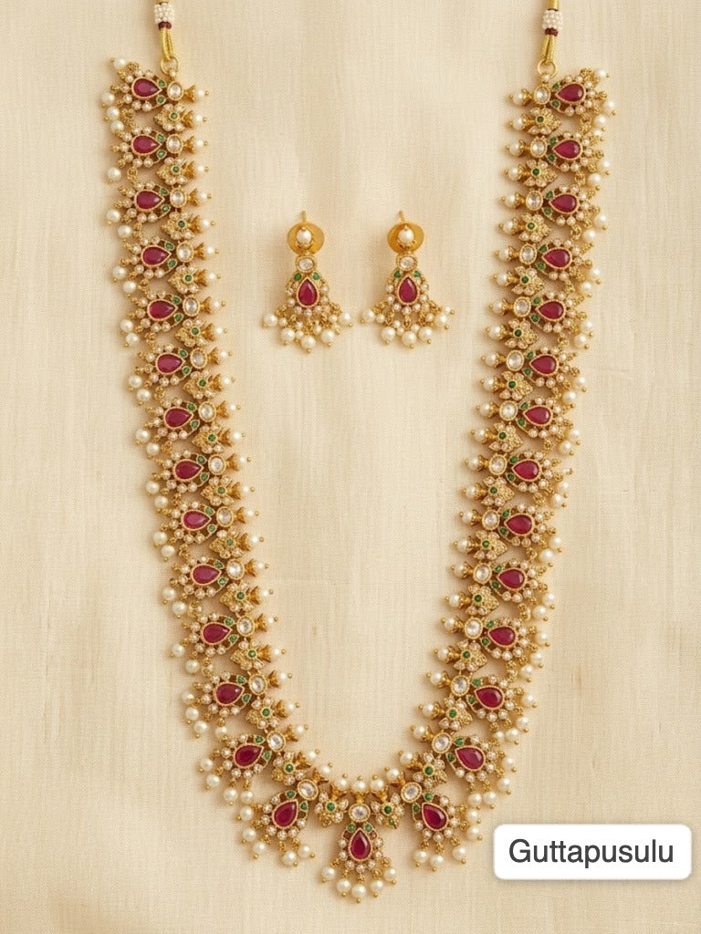Guttapusulu ruby stone pearl drop long Necklace