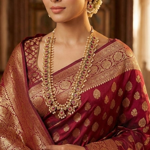 Guttapusulu ruby stone pearl drop long Necklace