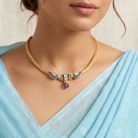 Jadau kundan bird with Lotus bule Choker