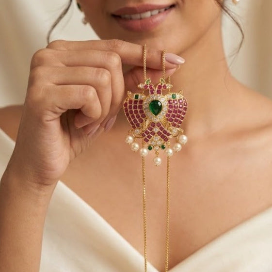 Peacock ruby stone chain set