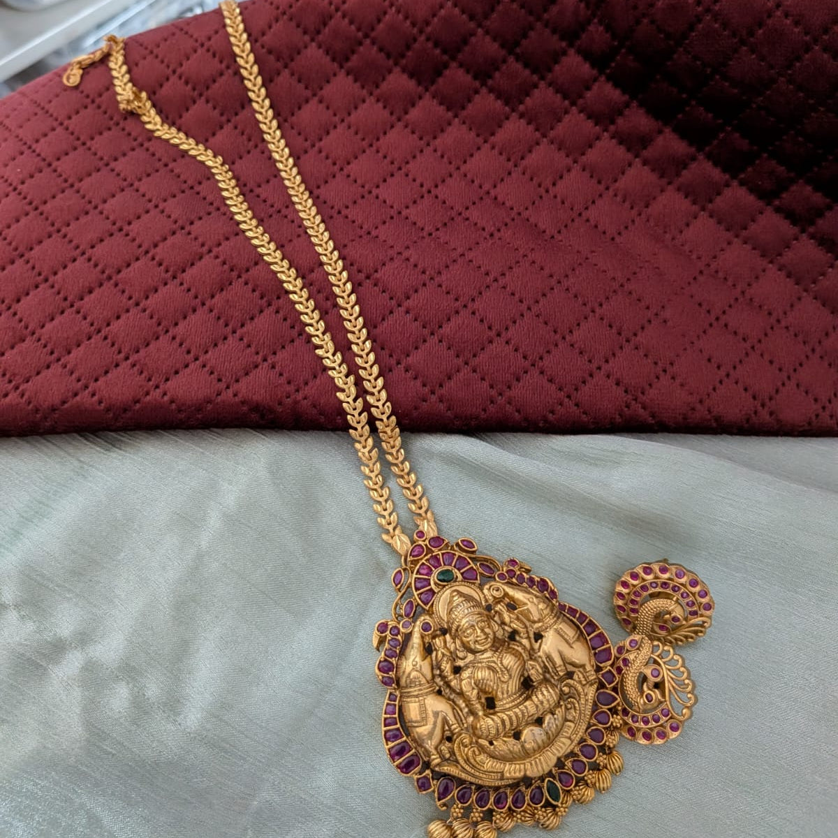 Long gold polished chain with ruby stone lakshmi Pendant necklace