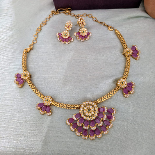 Floral ruby CZ stone Hasuli necklace set