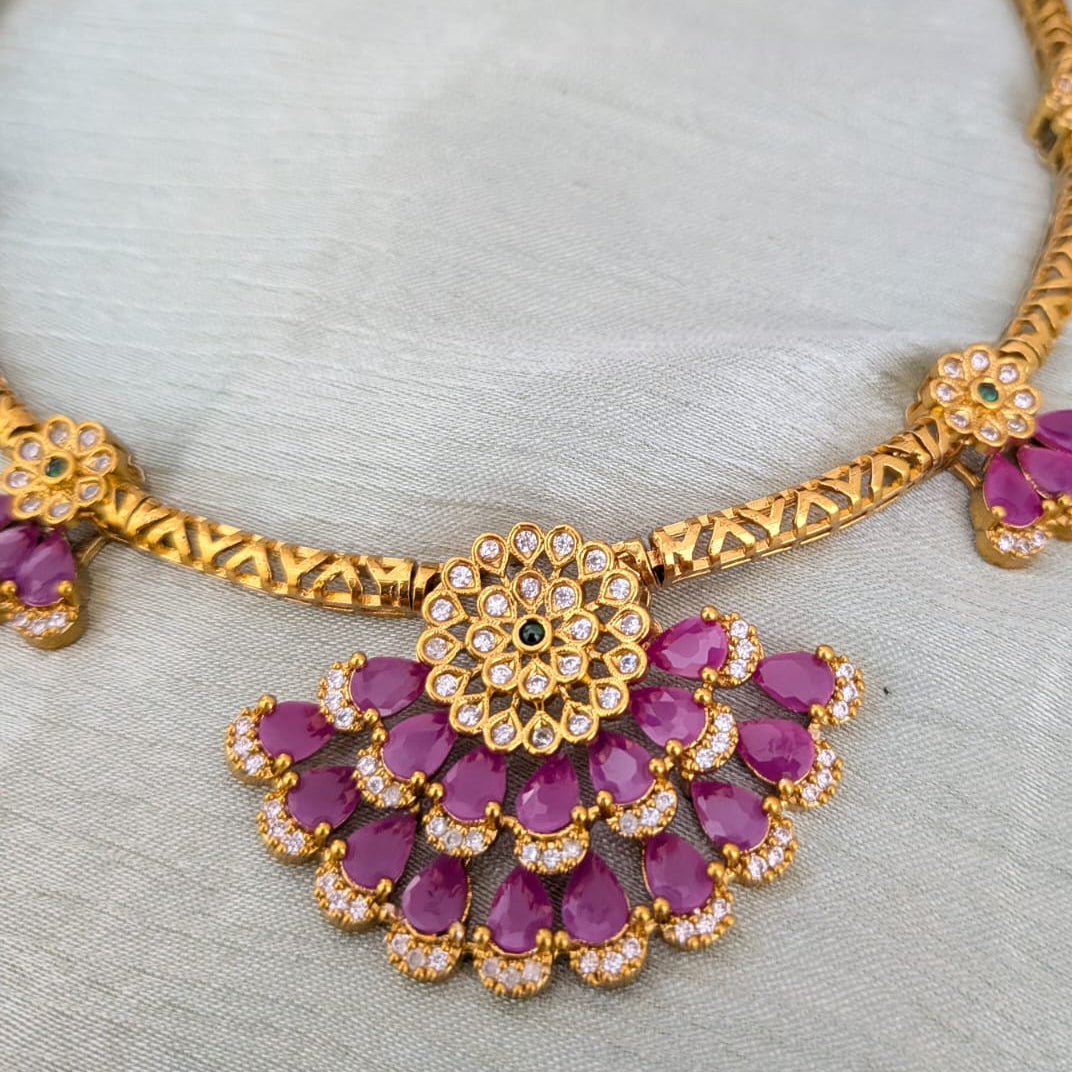 Floral ruby CZ stone Hasuli necklace set