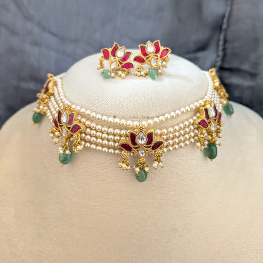 Jadau kundan 5 Layered ruby lotus pearl choker set