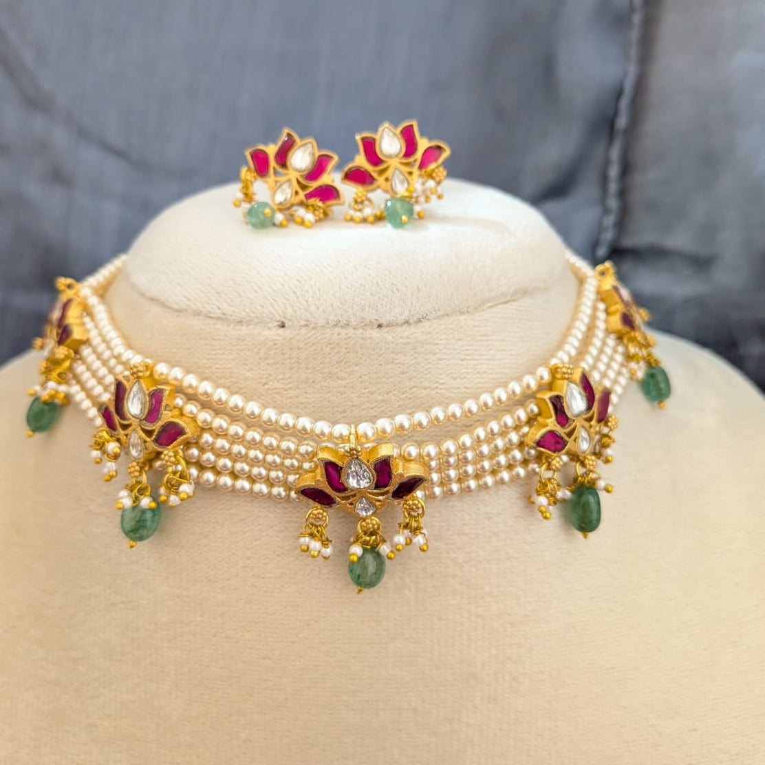 Jadau kundan 5 Layered ruby lotus pearl choker set