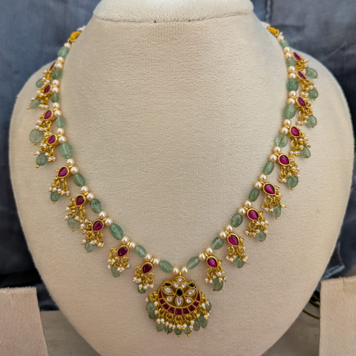 Jadau kundan ruby drop pearl with green beaded  long necklace