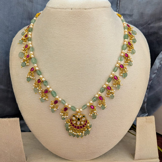Jadau kundan ruby drop pearl with green beaded  long necklace